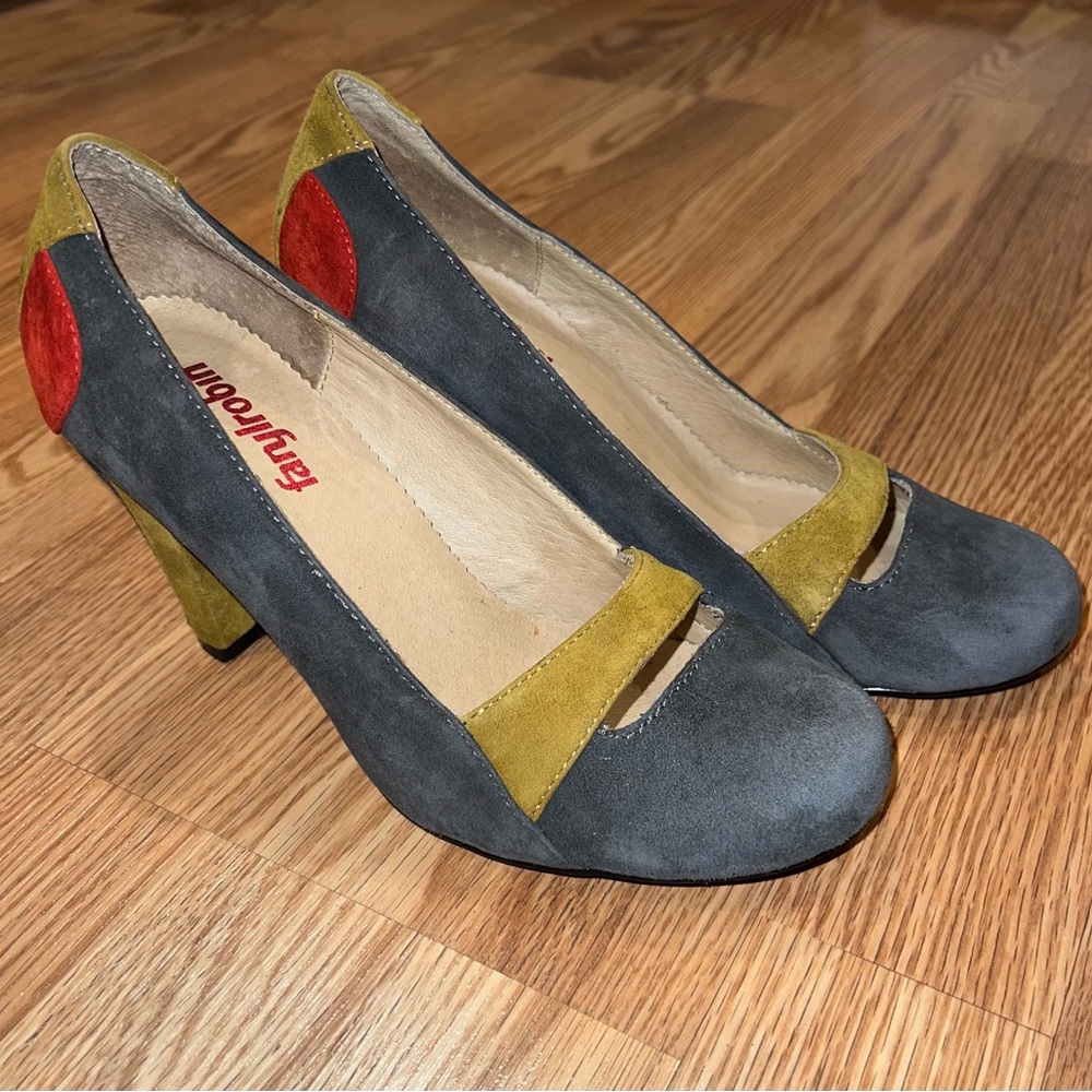Farylrobin gray suede pumps mustard yellow and tomato red colorblock sz‎ 7.5